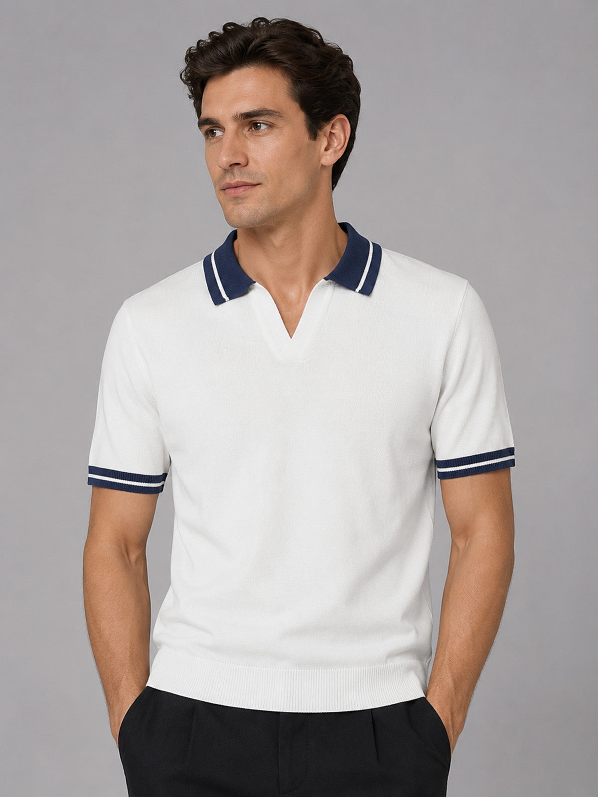 Franco White And Dark Blue Cotton Blend Solid Polo T-shirt For Men