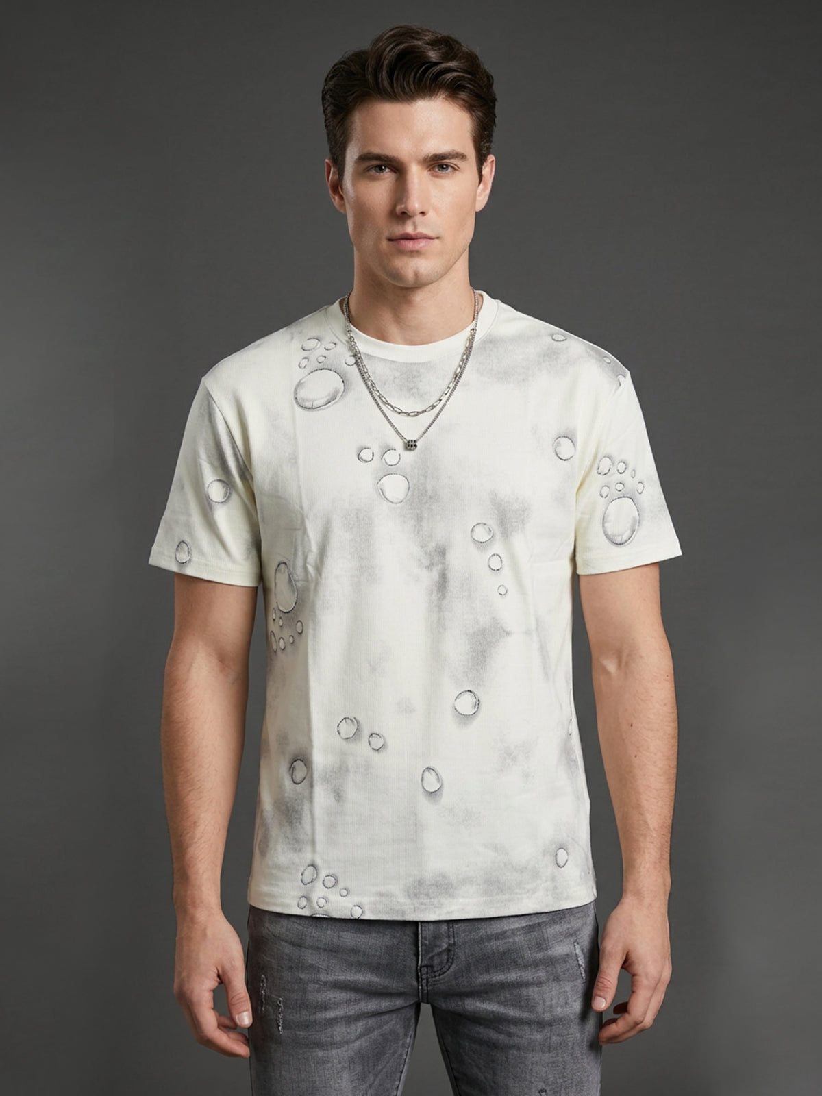 Franco Ivory Polyester Blend Printed T-Shirt For Men