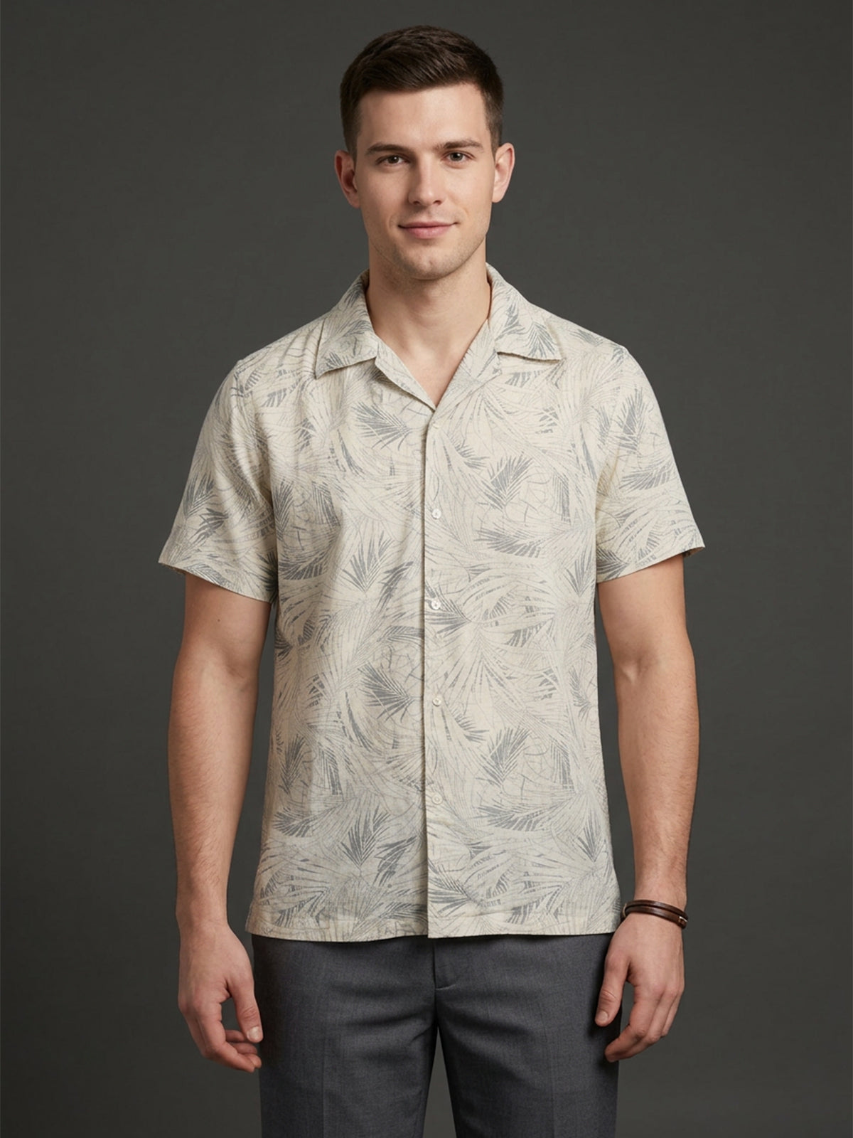 Franco Beige And Grey Cotton Blend Printed Shirt For Men
