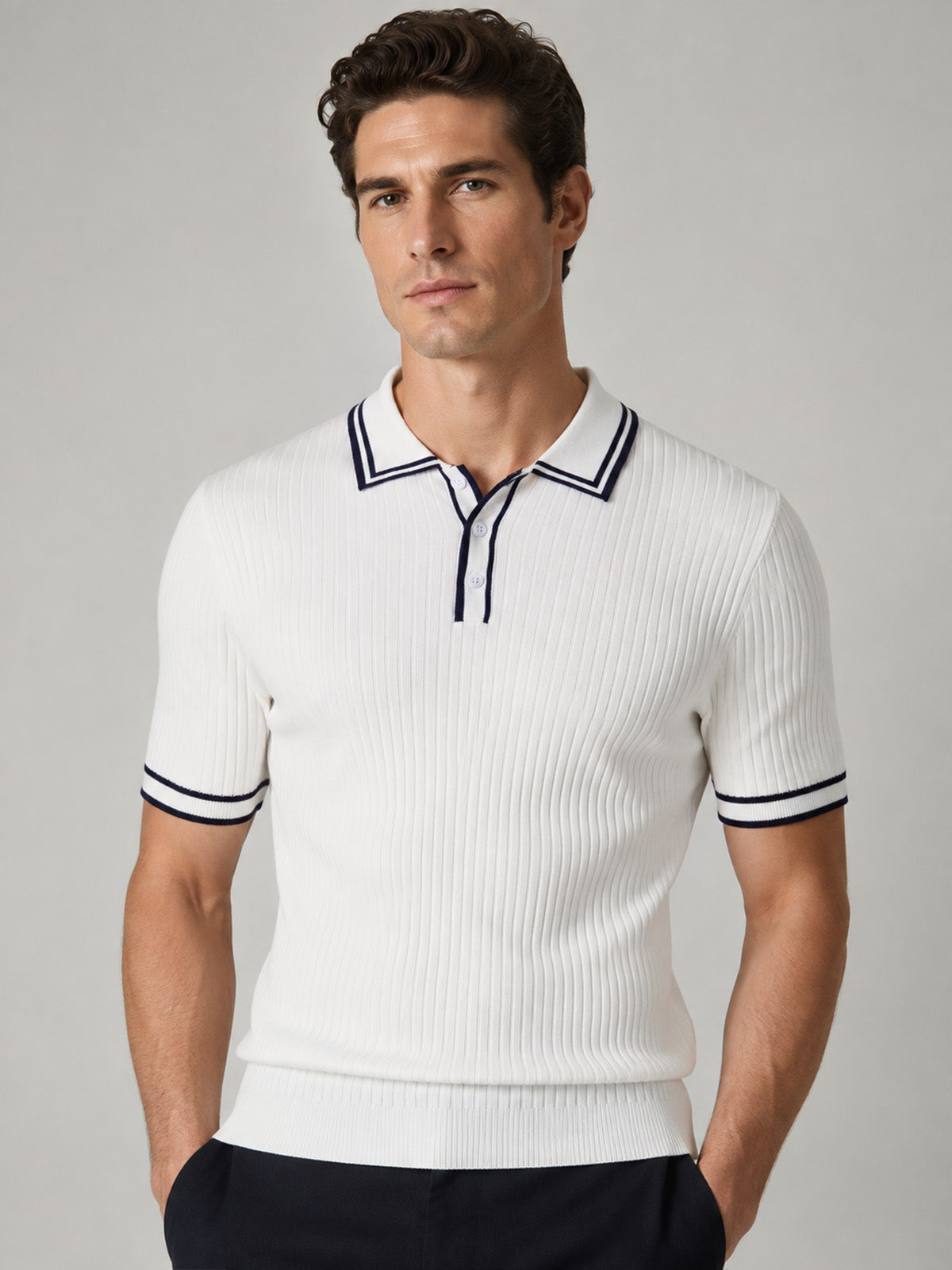 Franco White And Navy Blue Cotton Blend Solid Polo T-shirt For Men