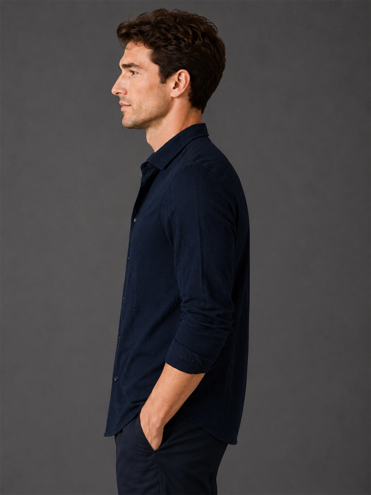 Franco Navy Blue Cotton Blend Plain Shirt For Men