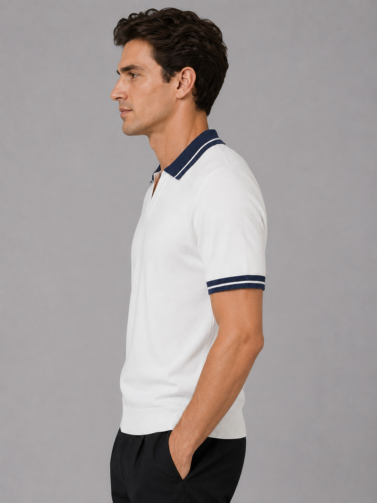 Franco White And Dark Blue Cotton Blend Solid Polo T-shirt For Men