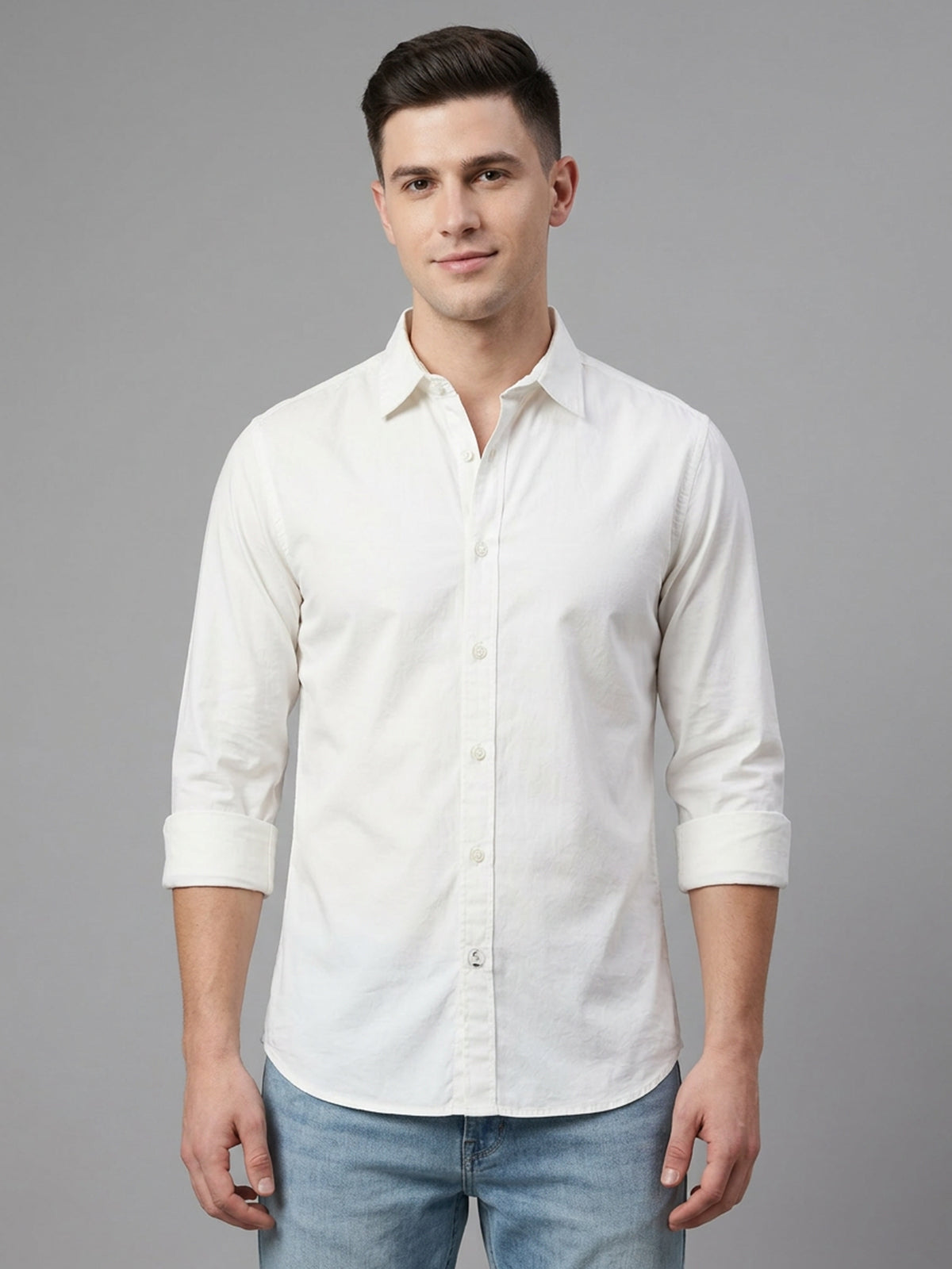 Franco Off White Cotton Blend Solid Shirt For Men