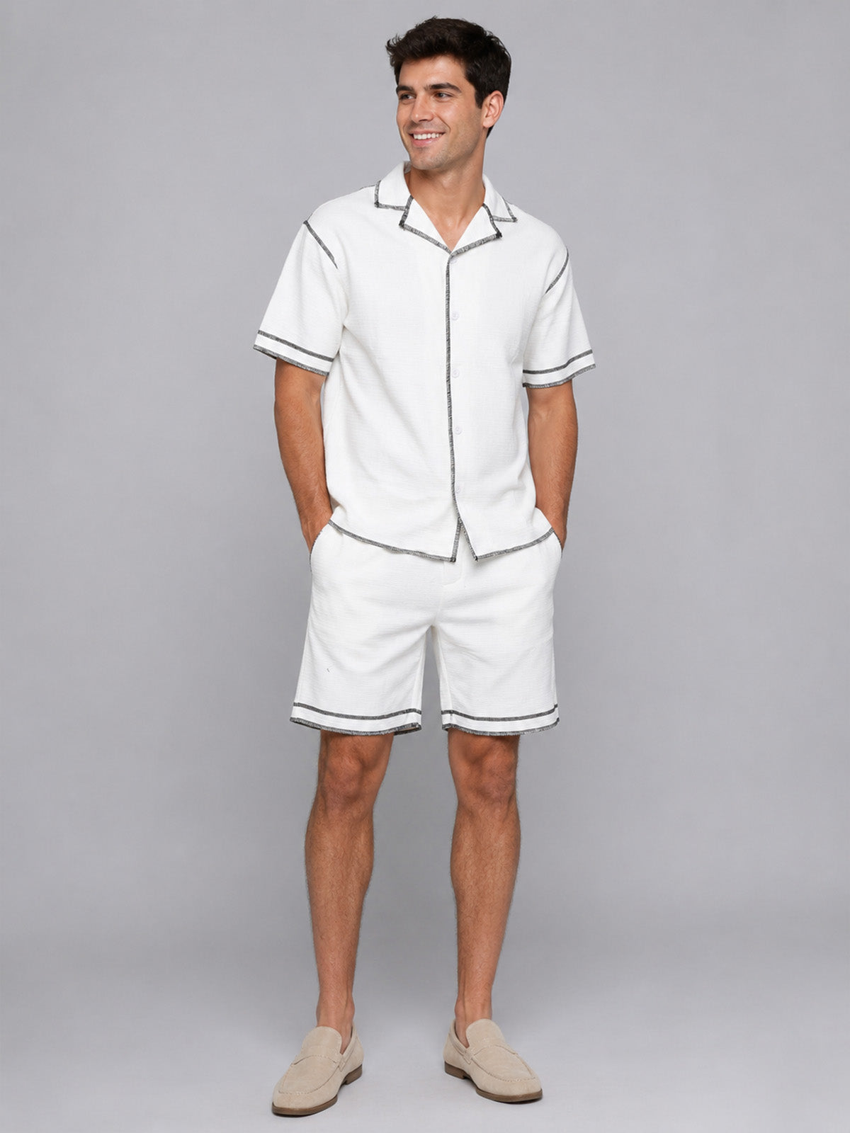 Franco White Knitted Solid Co-Ord Set For Men