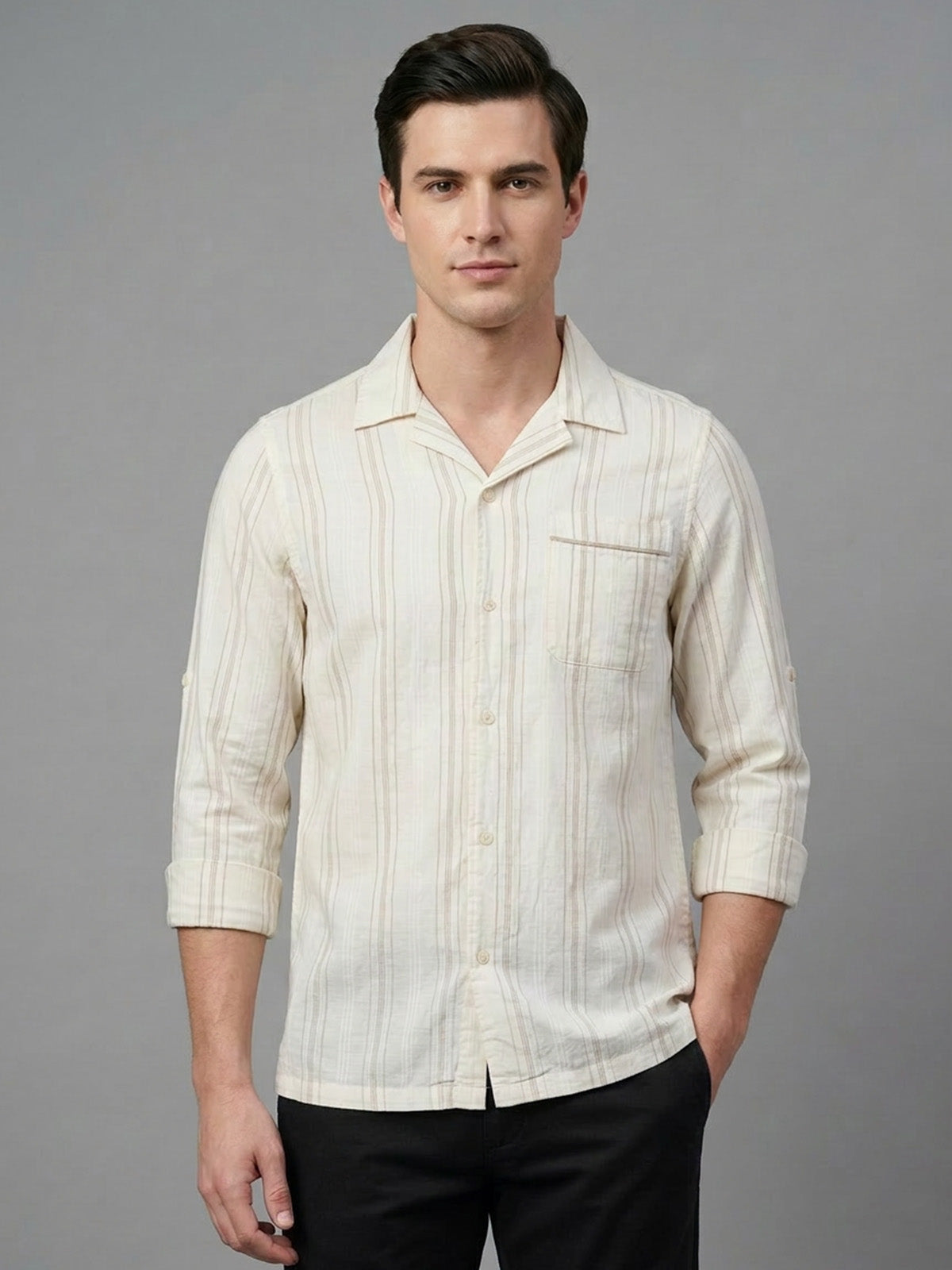 Franco White Cotton Blend Striped Shirt For Men