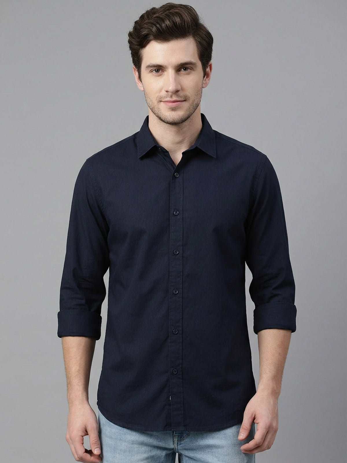 Franco Navy Blue Cotton Blend Solid Shirt For Men