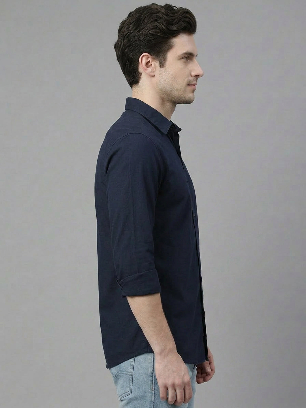 Franco Navy Blue Cotton Blend Solid Shirt For Men