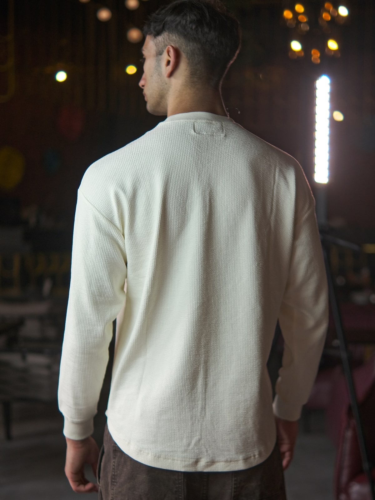 Off White Crinkled Polyester Lycra Solid Sweatshirt For Men