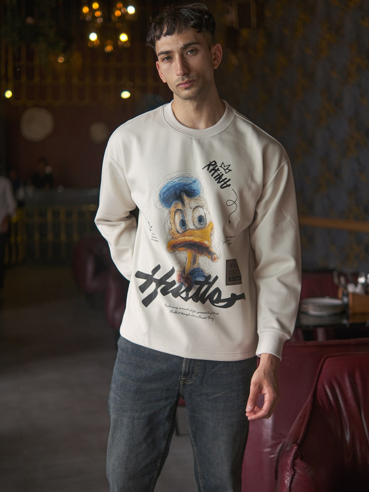 Off White Cotton Rib Jersey Printed Sweatshirt For Men