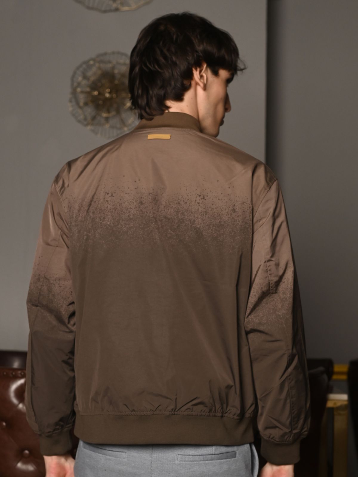 Brown Patterned Polyester Taffeta Jacket For Men