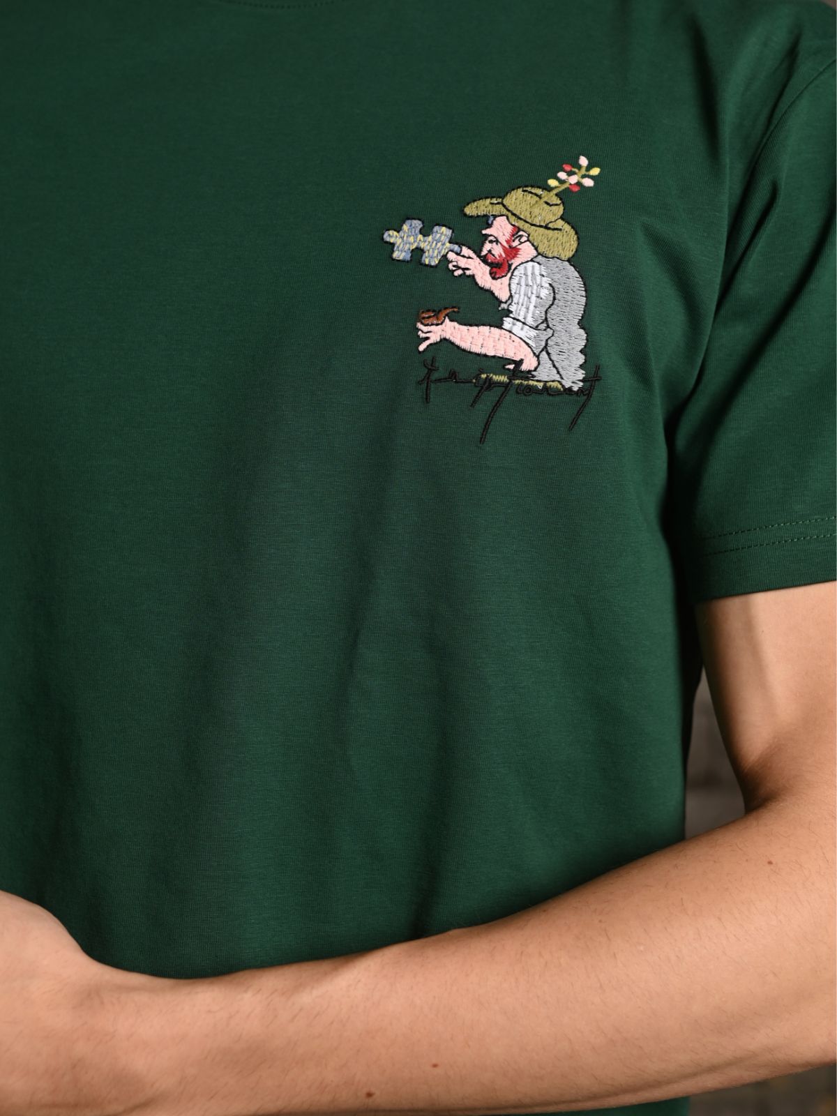 Green Embroidered Cotton jersey T-shirt For Men