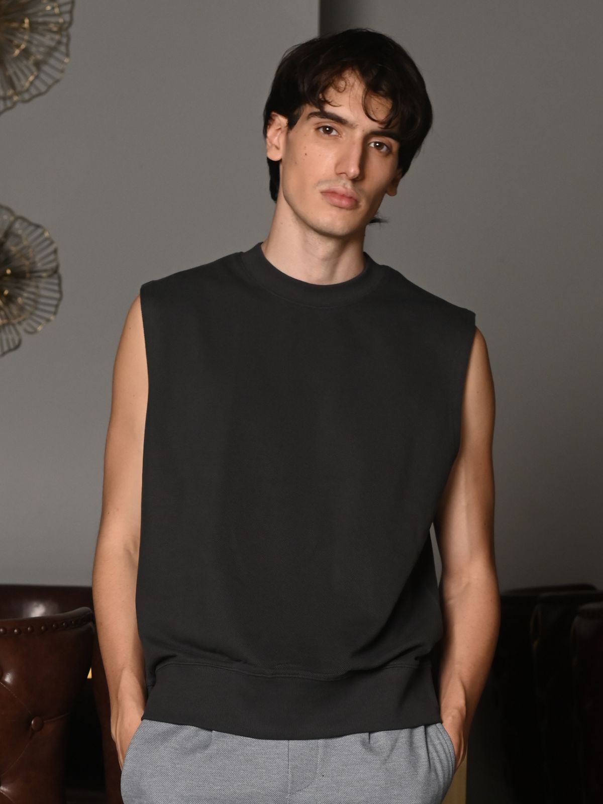 Grey Solid Cotton Rib T-shirt For Men
