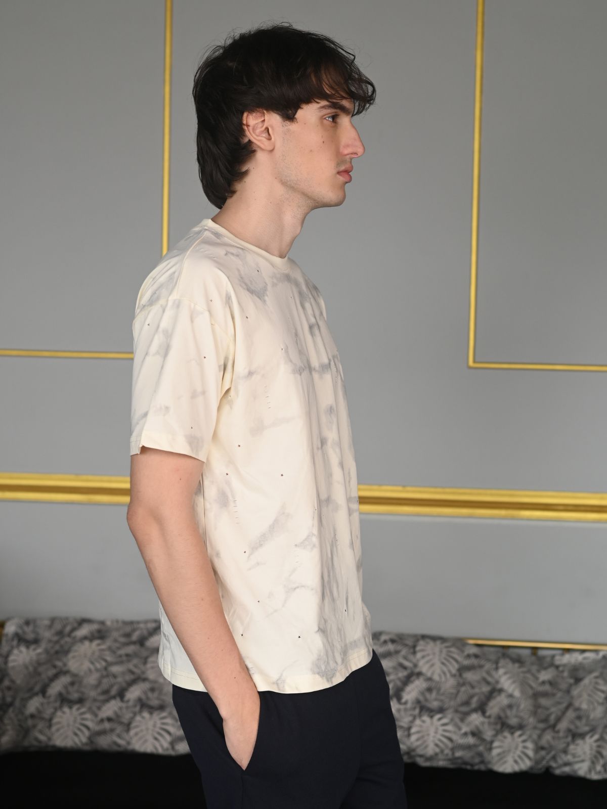 Cream Printed Tie and dye Cotton jersey T-shirt For Men