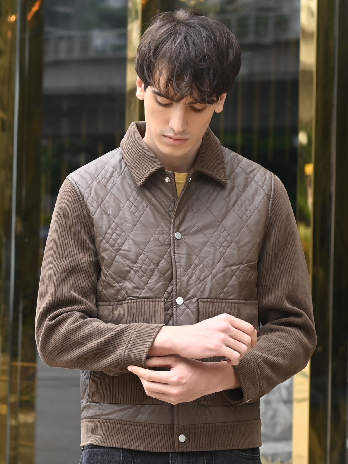 Brown Patterned PU and Coduri Jacket For Men