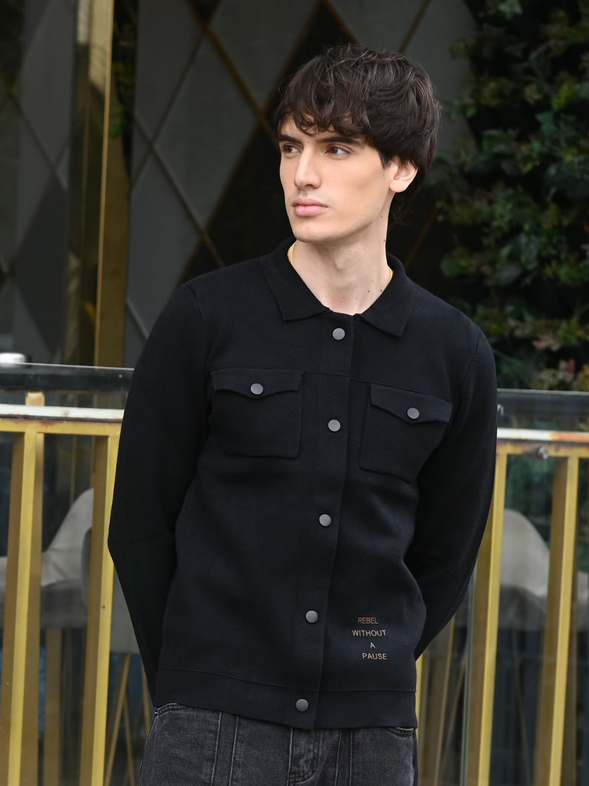 Black Patterned heavy Cotton Rib Jacket For Men