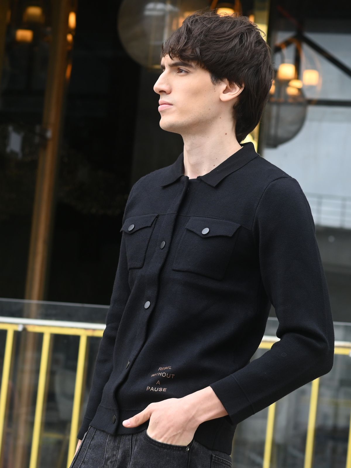 Black Patterned heavy Cotton Rib Jacket For Men