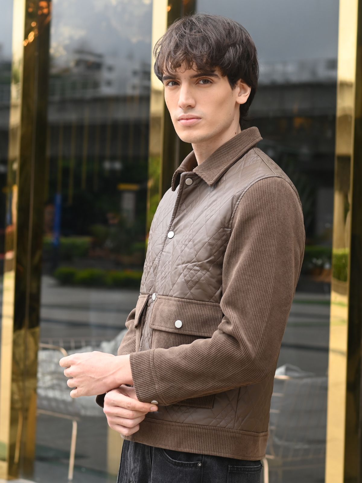 Brown Patterned PU and Coduri Jacket For Men