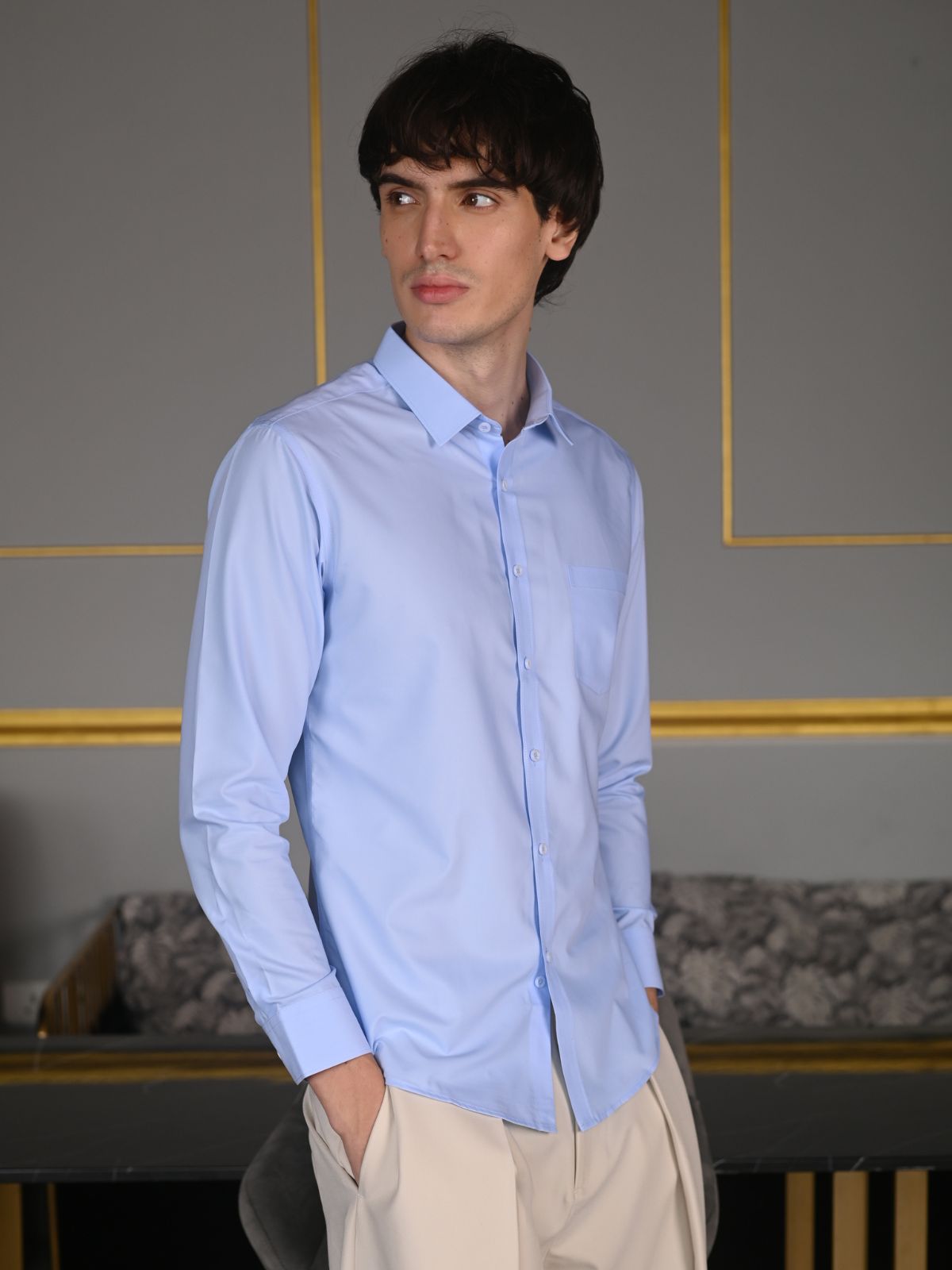Blue Solid Polyester Formal Shirt For Men