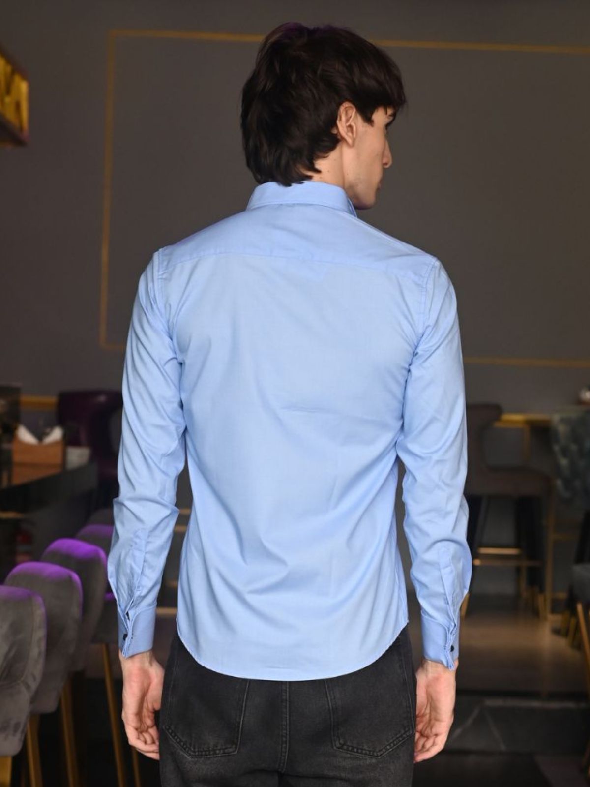 Blue Solid Cotton Chambray Formal Shirt For Men