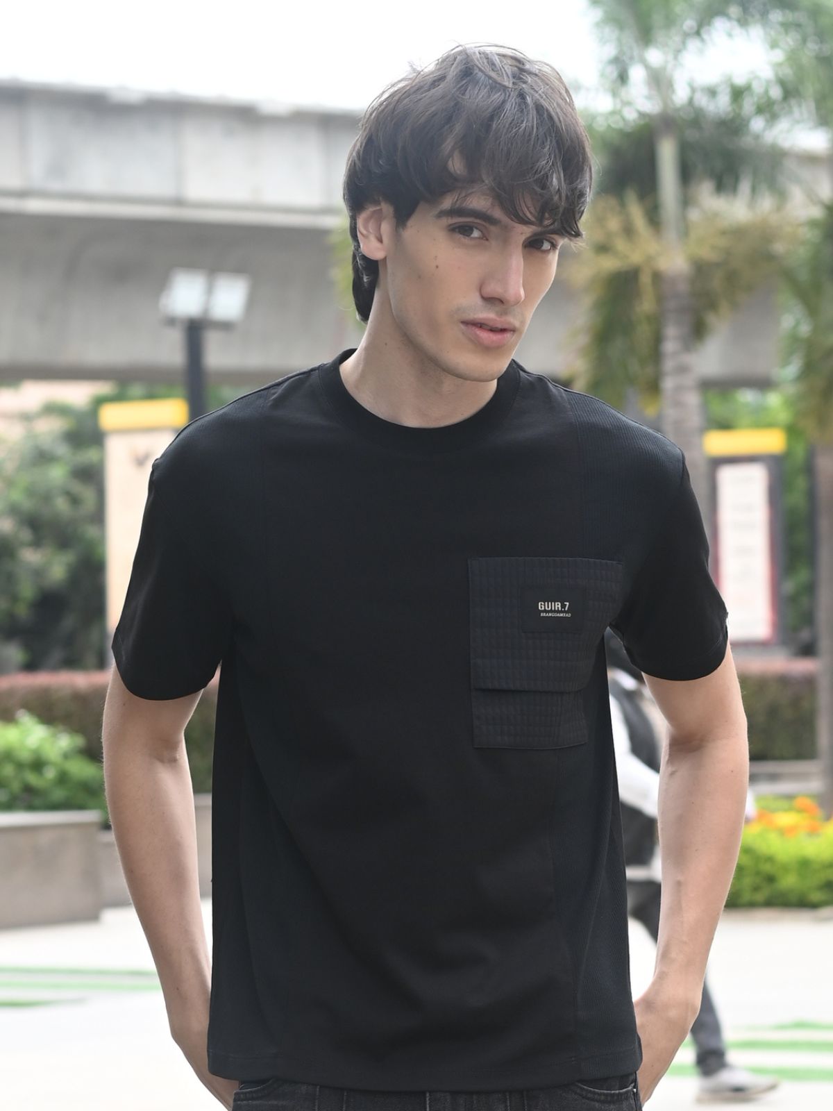 Black Solid Cotton jersey and Cotton Rib T-shirt For Men