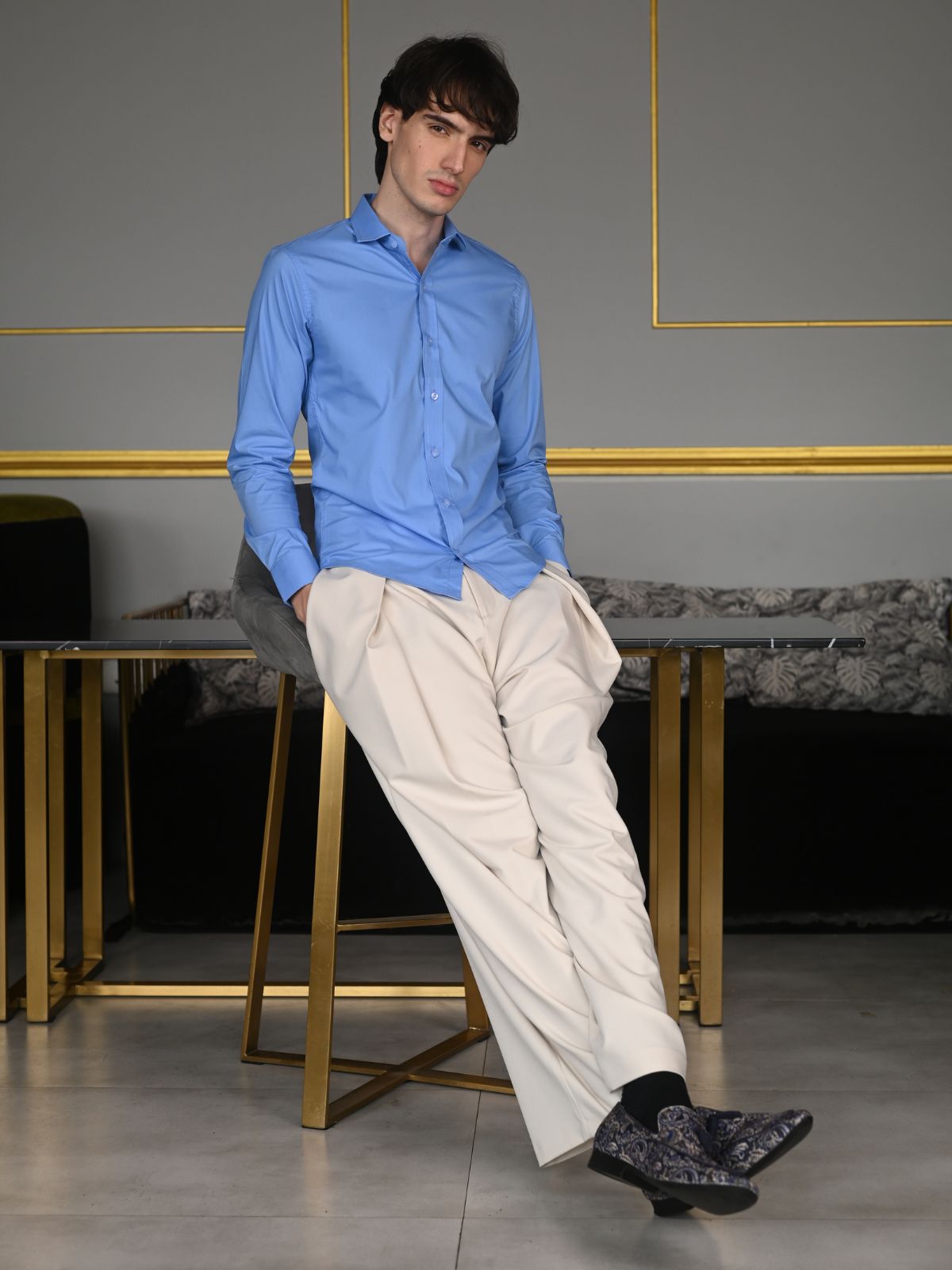 Blue Solid Cotton Lycra Formal Shirt For Men