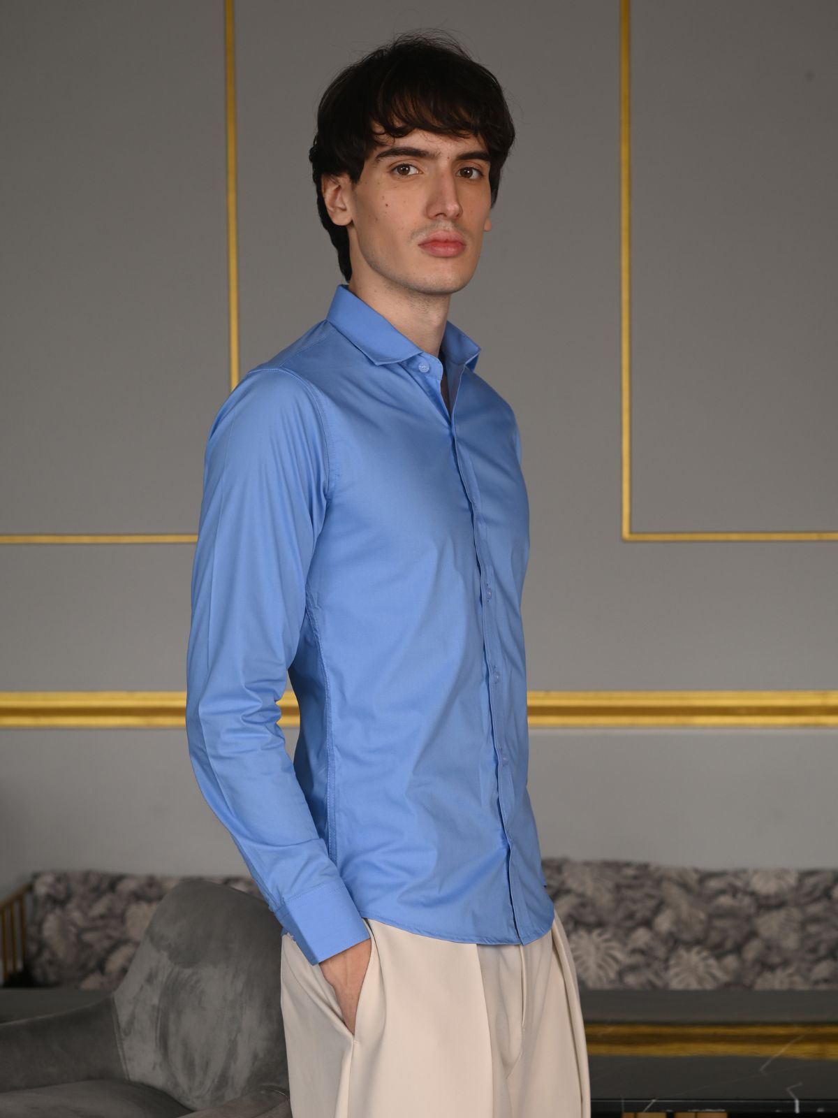 Blue Solid Cotton Lycra Formal Shirt For Men