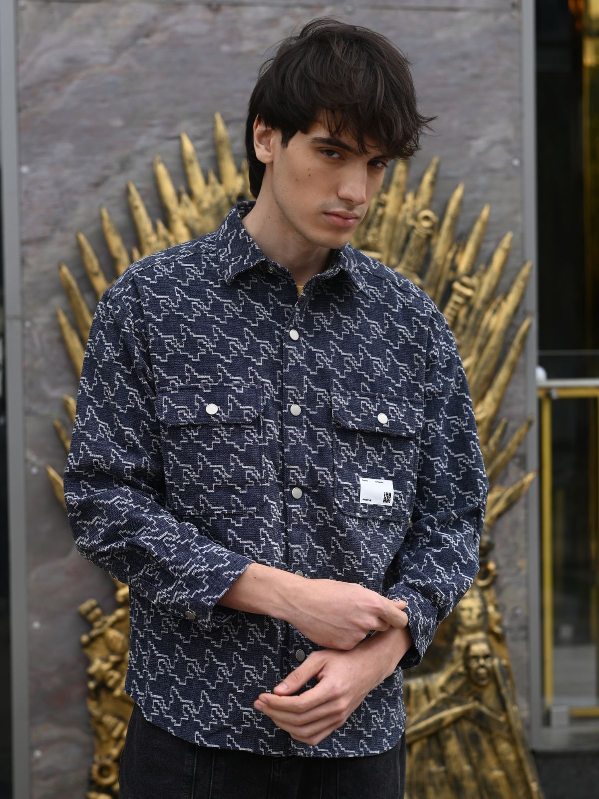 Blue Printed Denim Formal Shirt For Men