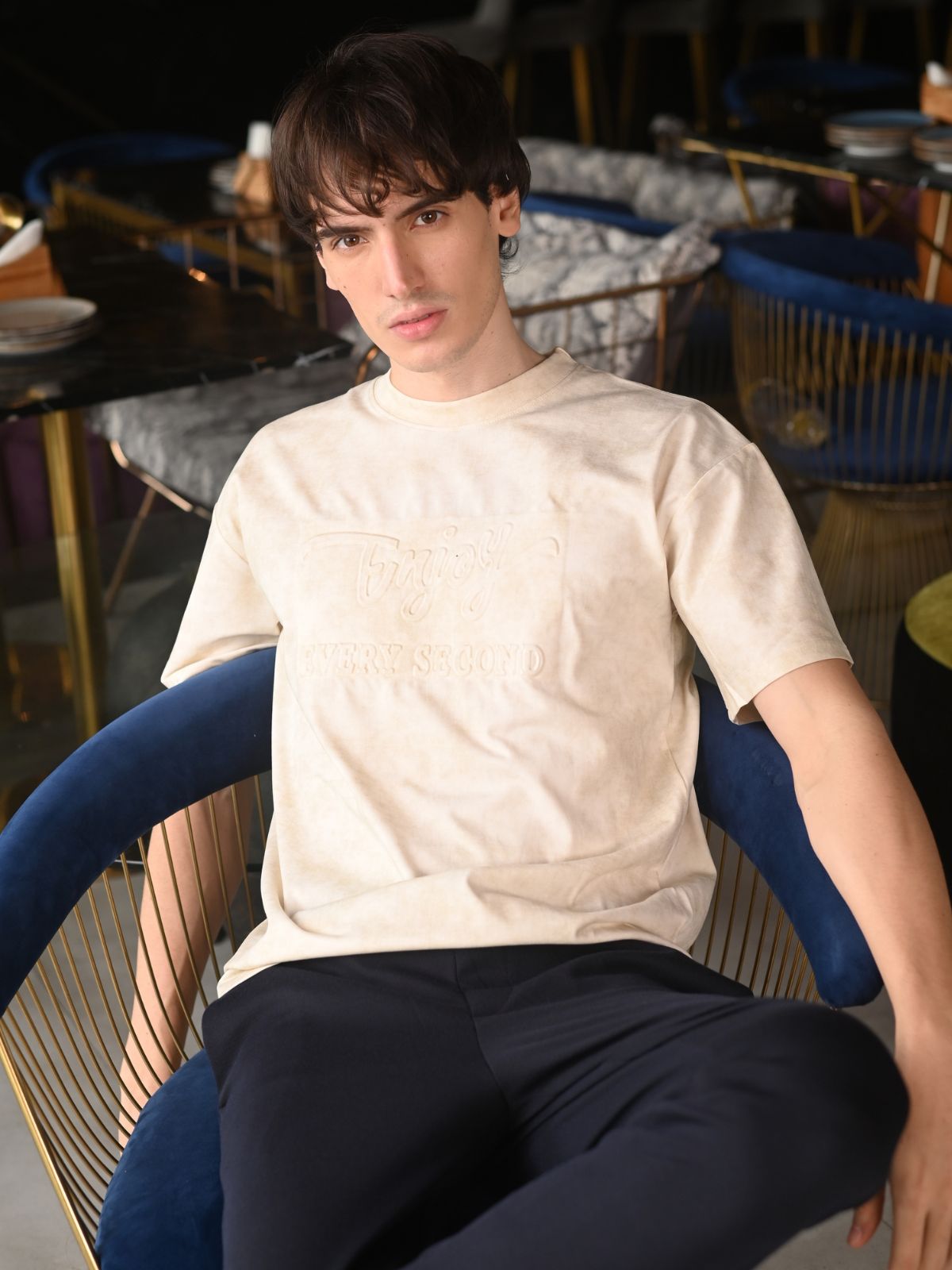 Cream Solid Tie and dye Cotton jersey T-shirt For Men
