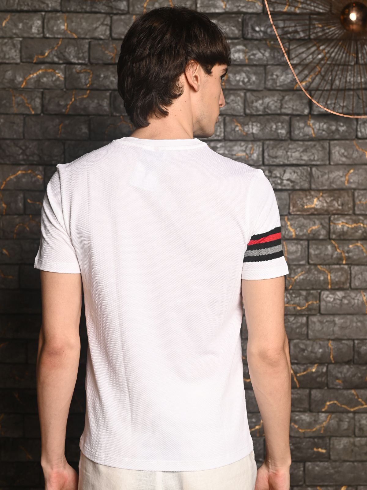 White Patterned Textured Cotton Lycra T-shirt For Men