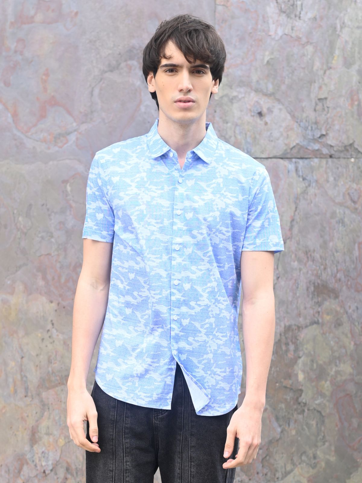 Blue Printed Polyester Lyvra Formal Shirt For Men