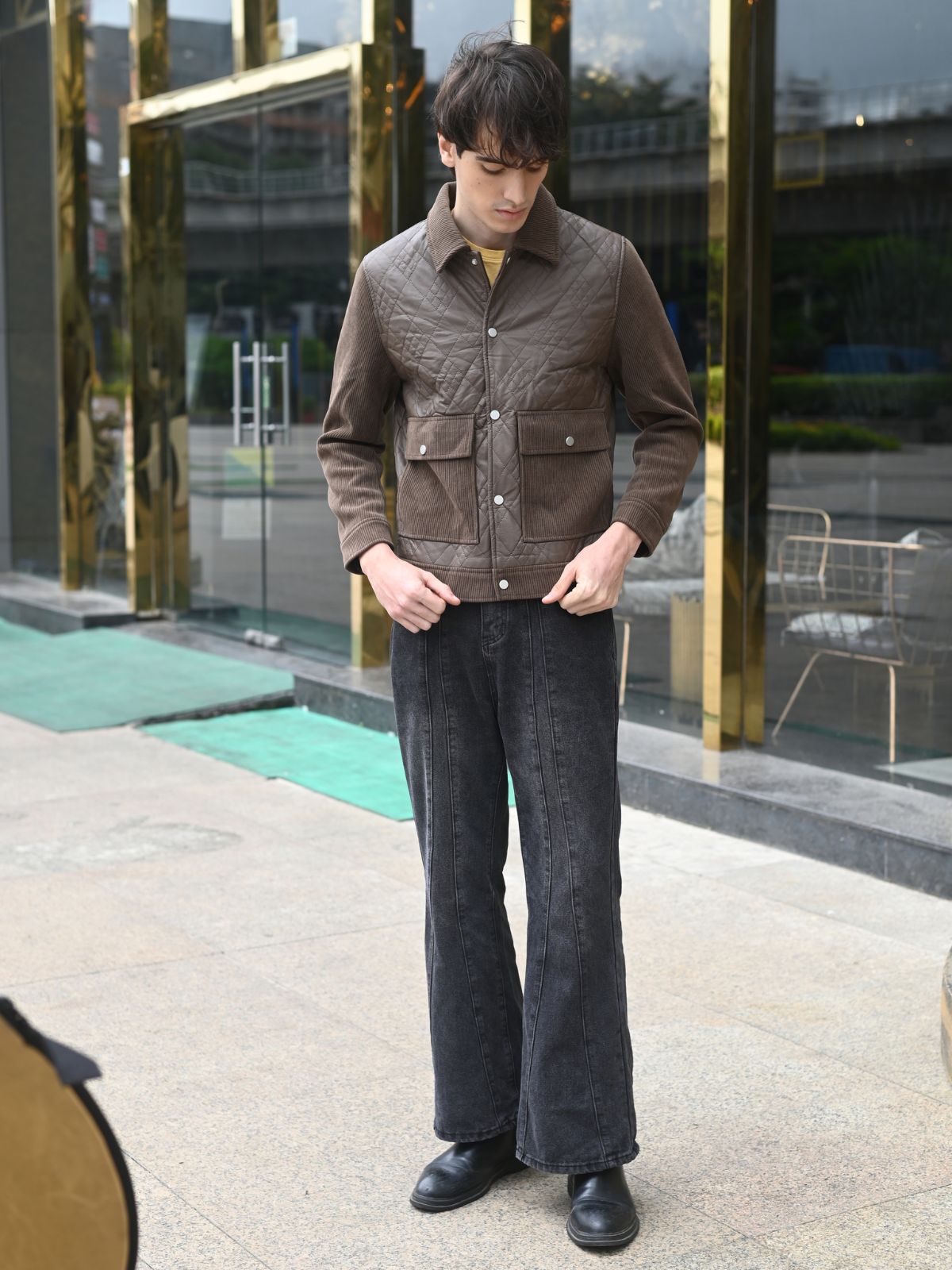 Brown Patterned PU and Coduri Jacket For Men