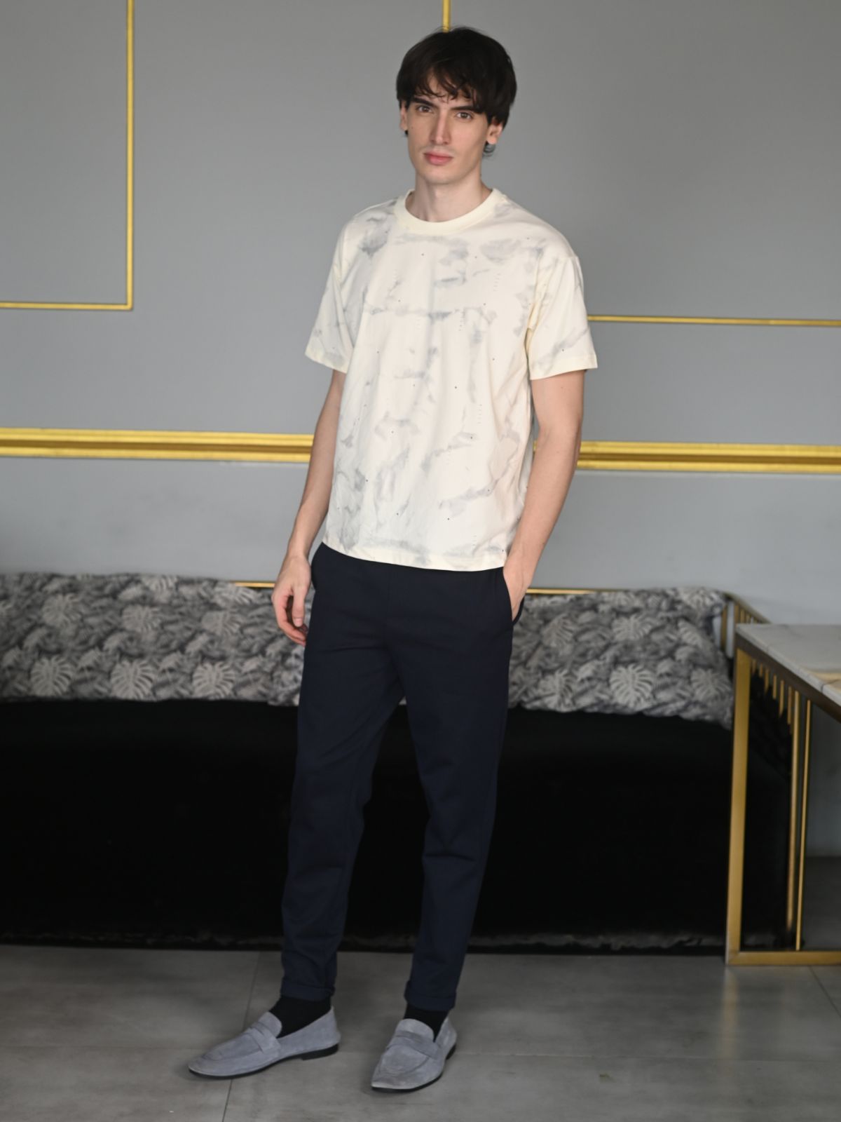 Cream Printed Tie and dye Cotton jersey T-shirt For Men