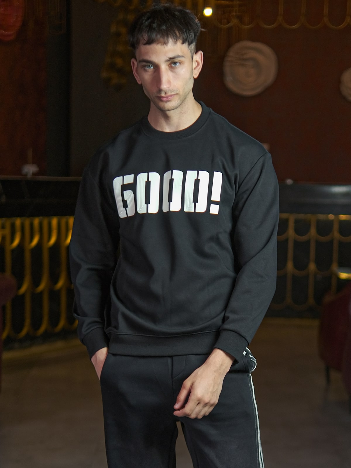 Black Cotton Rib Jersey Printed Sweatshirt For Men