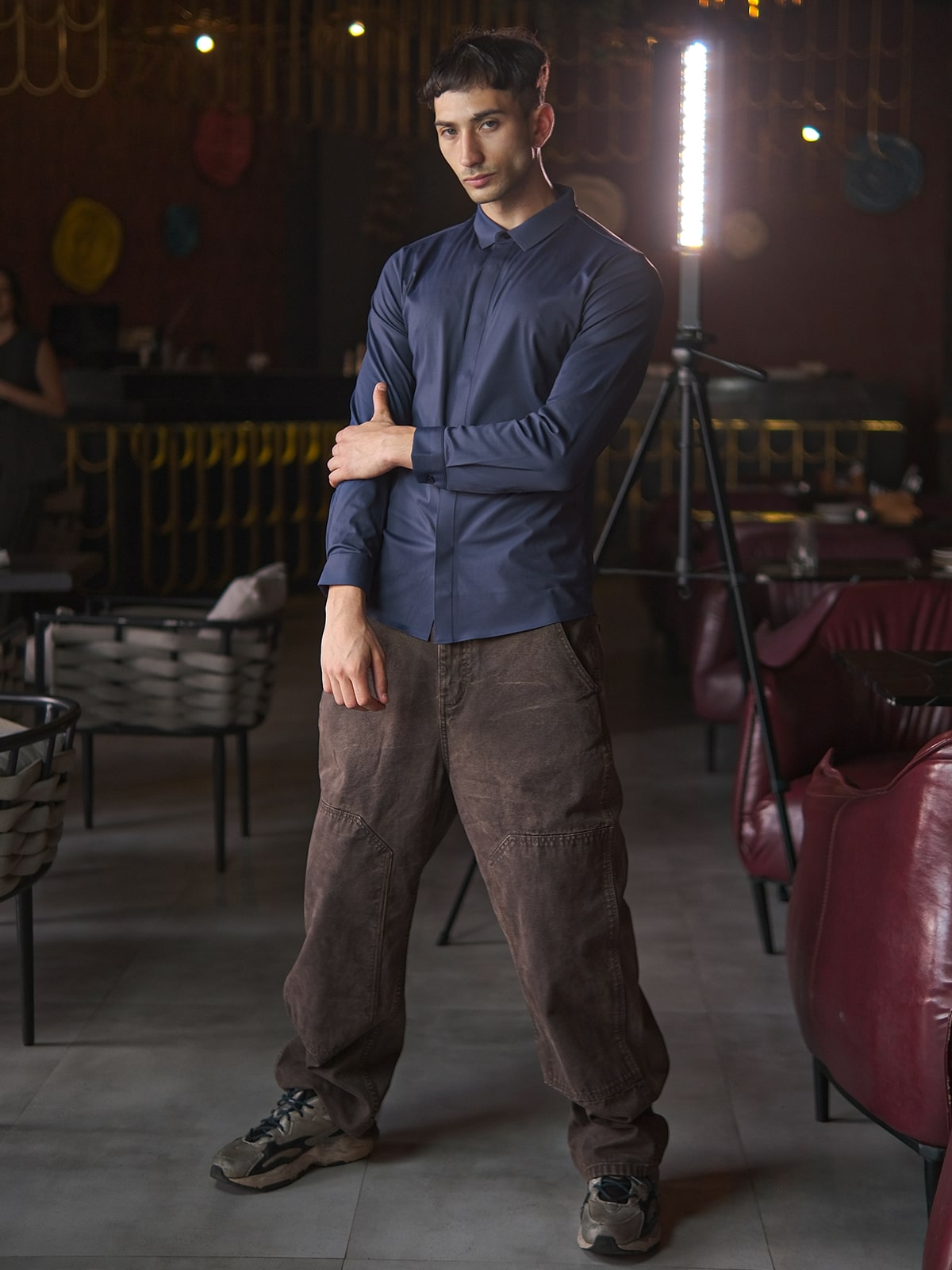 Blue Polyester Lycra Solid Shirt For Men