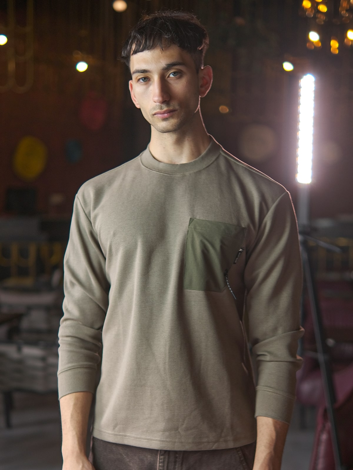 Olive Green Cotton Rib Patterned Sweatshirt For Men