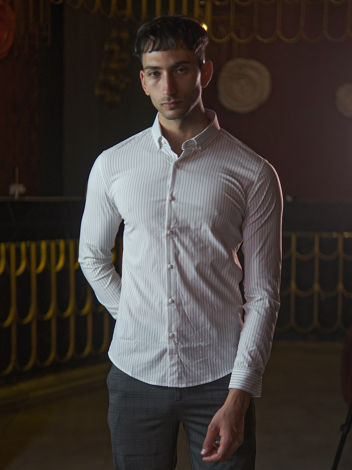White Cotton Lycra Stripes Shirt For Men