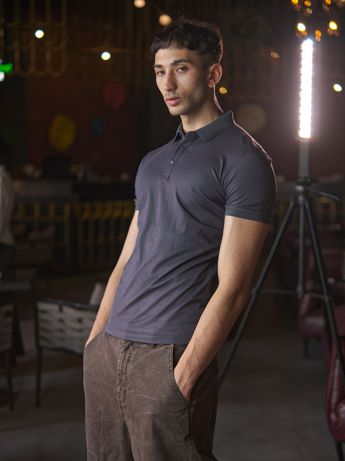 Grey Polyester Lycra Solid T-Shirt For Men