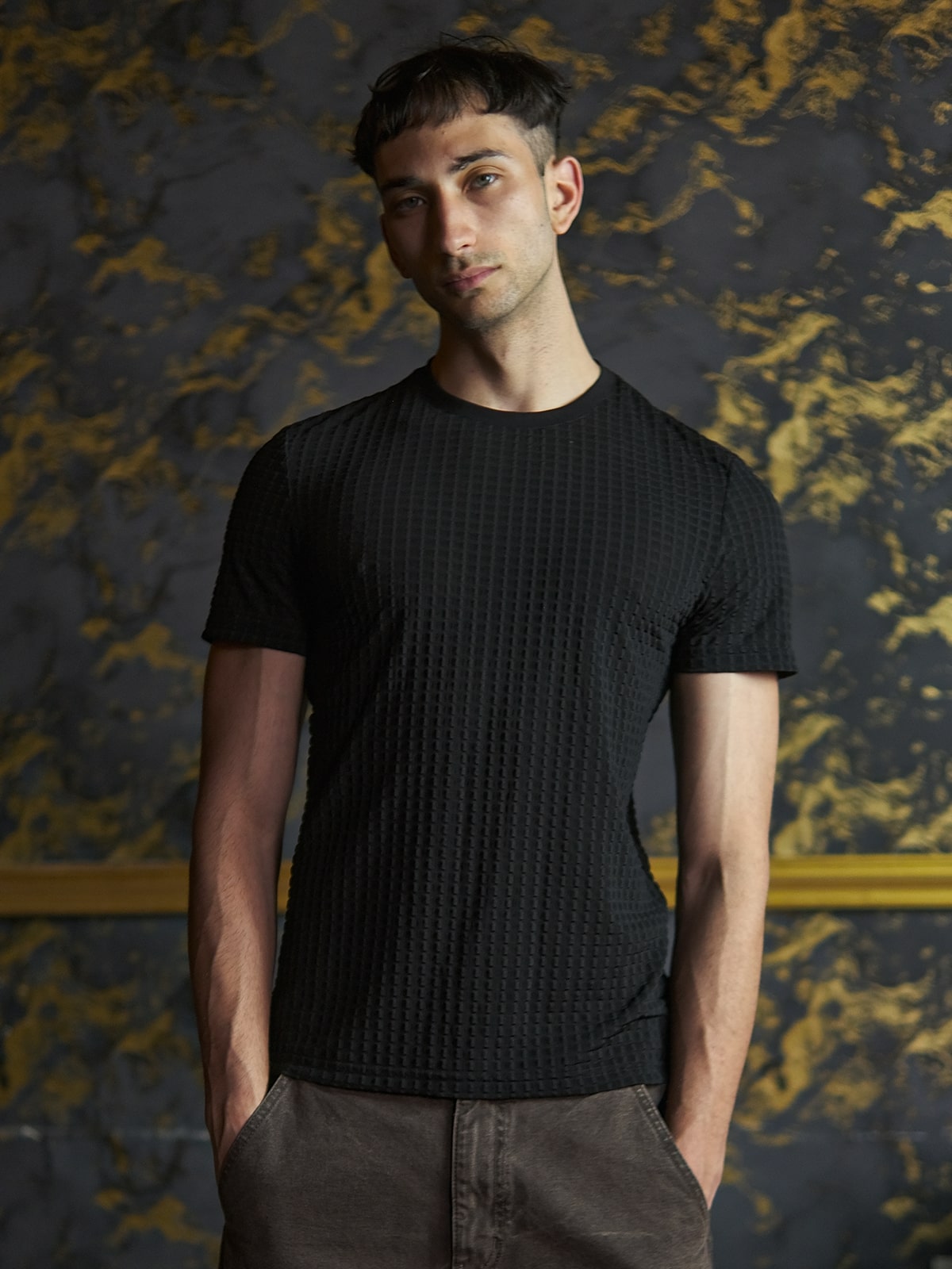 Black Polyester Lycra Crinkled T-Shirt For Men