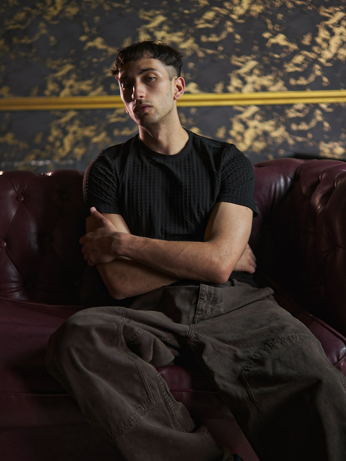 Black Polyester Lycra Crinkled T-Shirt For Men