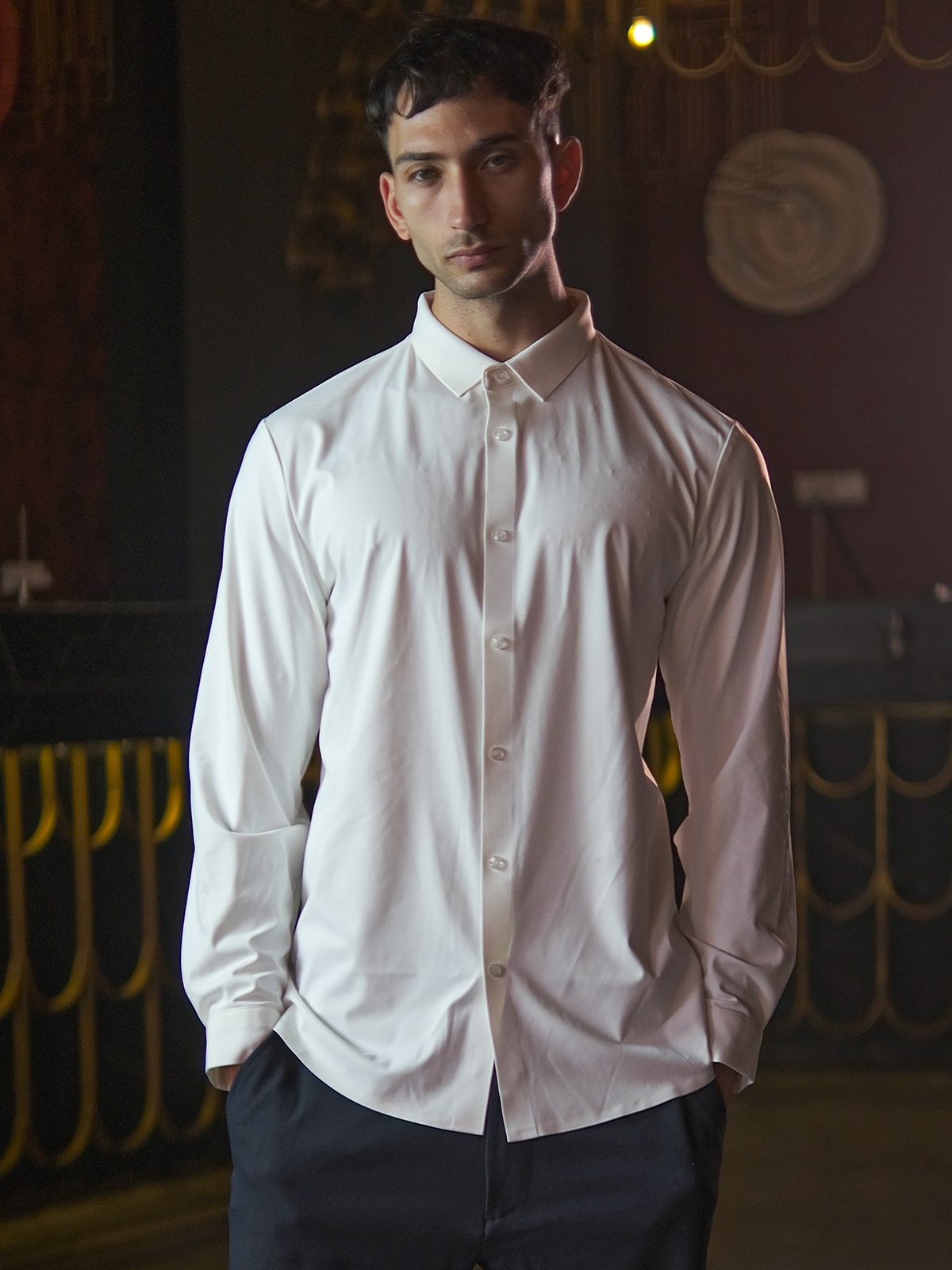 White Polyester Lycra Solid Shirt For Men