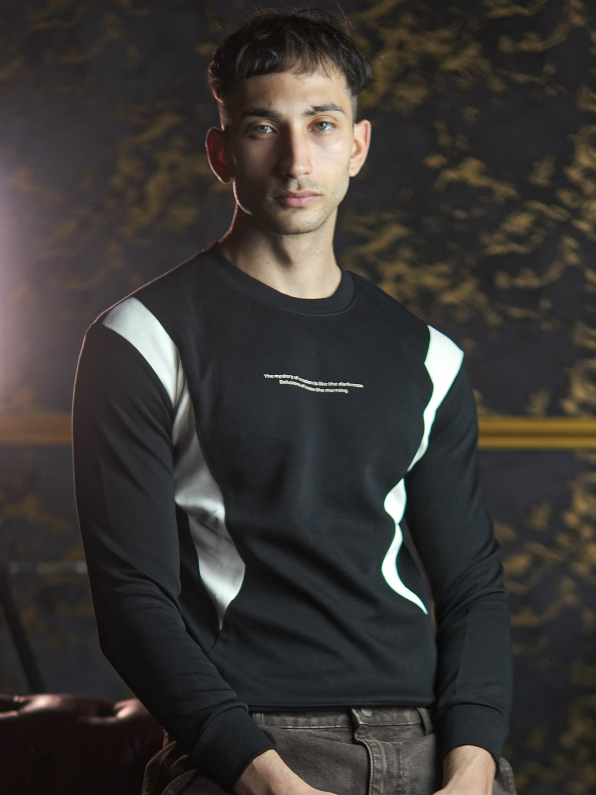 Black Cotton Jersey Patterned Sweatshirt For Men