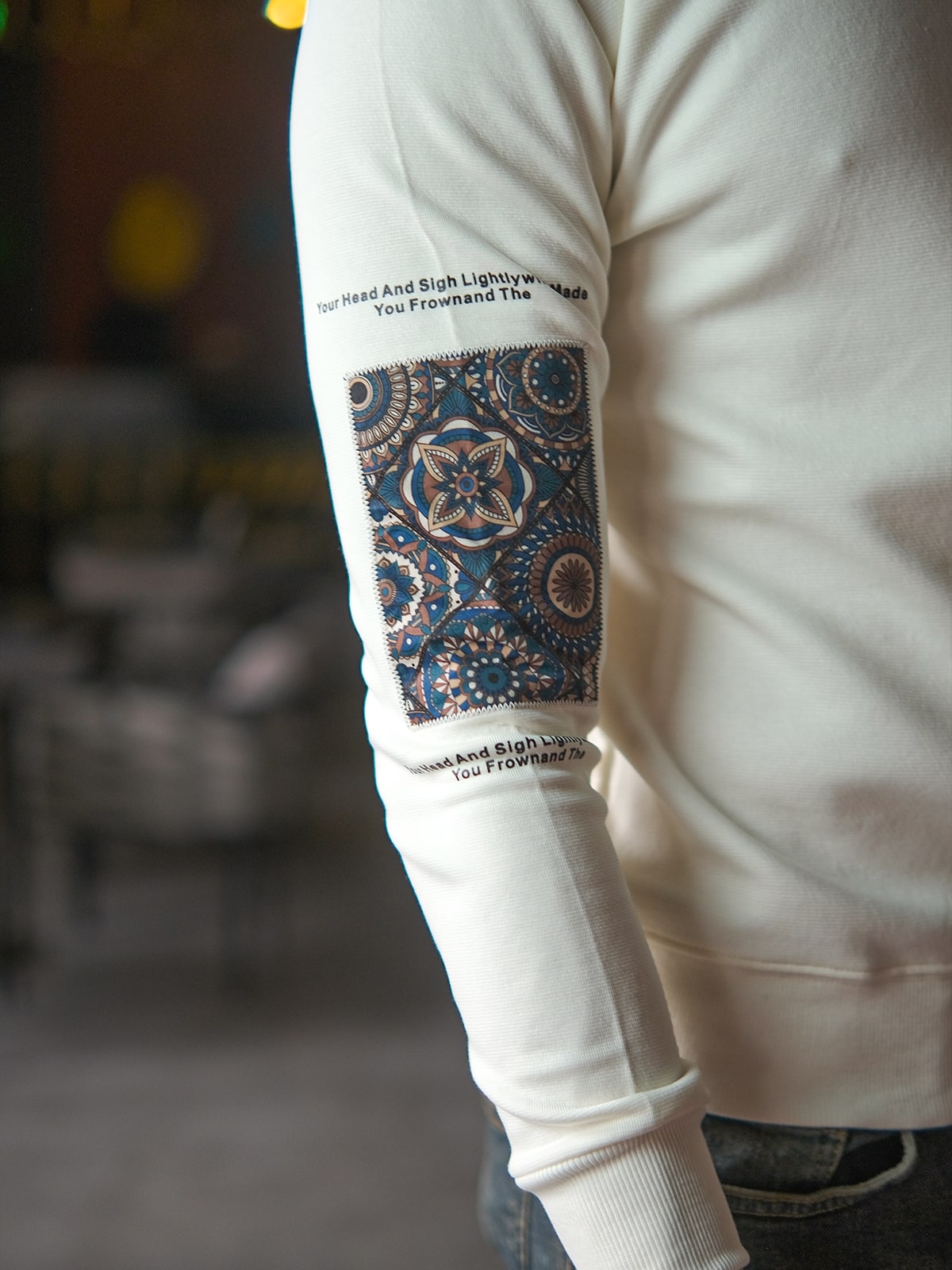 Off White Cotton Rib Jersey Patterned Sweatshirt For Men